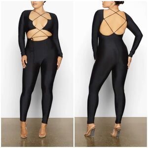 SKIMS Lace Up Catsuit Womens XL Black Cut Out Open Back Jumpsuit Sexy Bodycon
